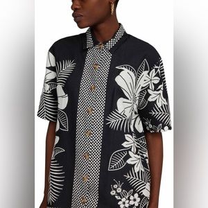 Farm Rio Button-up Linen Blend Black and White Graphic Macaw Shirt Size S NWT
